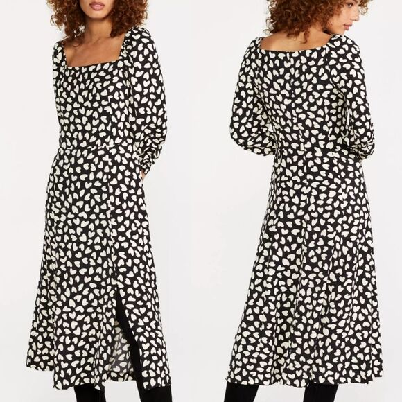 Ann Taylor NWT Black White Heart Pattern Square Neck Long Sleeve Midi Dress 4P - Picture 1 of 13